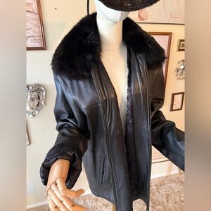 VINTAGE Leather Jacket with Removable Fox Fur Collar